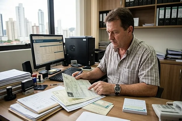 Despachante em Balneário Camboriú analisando documentos de multas em seu local de trabalho.
