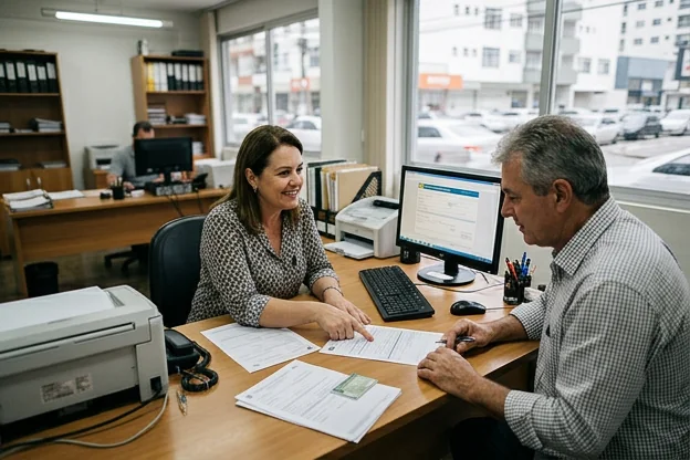 Profissional em Balneário Camboriú auxiliando um cliente na renovação da CNH, com documentos em mãos.